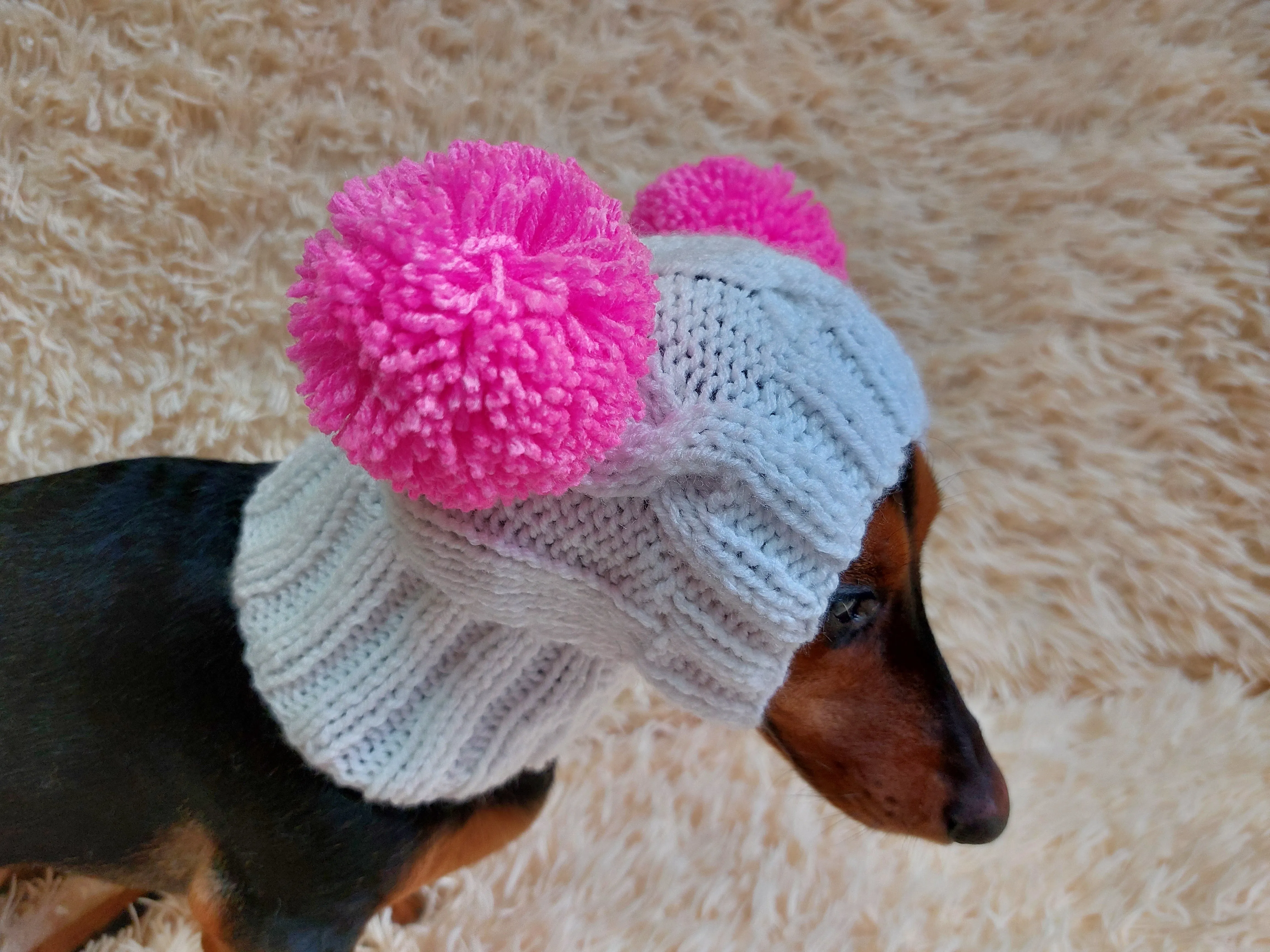 White Pet Hat With Colorful Pom Poms Dog Dachshund Warm Clothes Outfit Pom Pom Hat