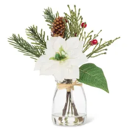 White Poinsettia & Pine Bouquet in Round Vase