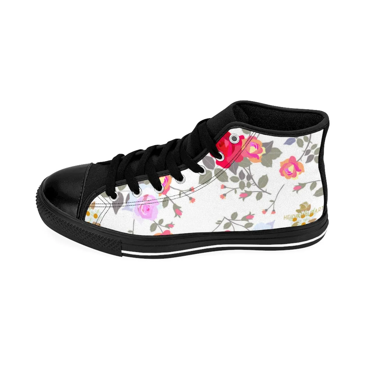 White Rose Women's Sneakers, Mixed Floral Print Designer High-top Fashion Running Shoes