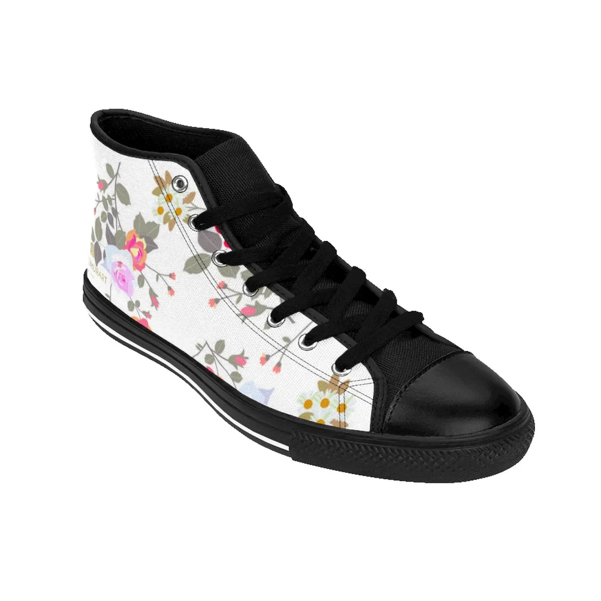 White Rose Women's Sneakers, Mixed Floral Print Designer High-top Fashion Running Shoes