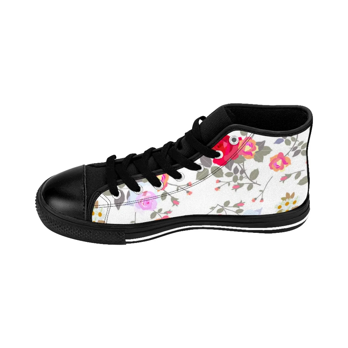 White Rose Women's Sneakers, Mixed Floral Print Designer High-top Fashion Running Shoes