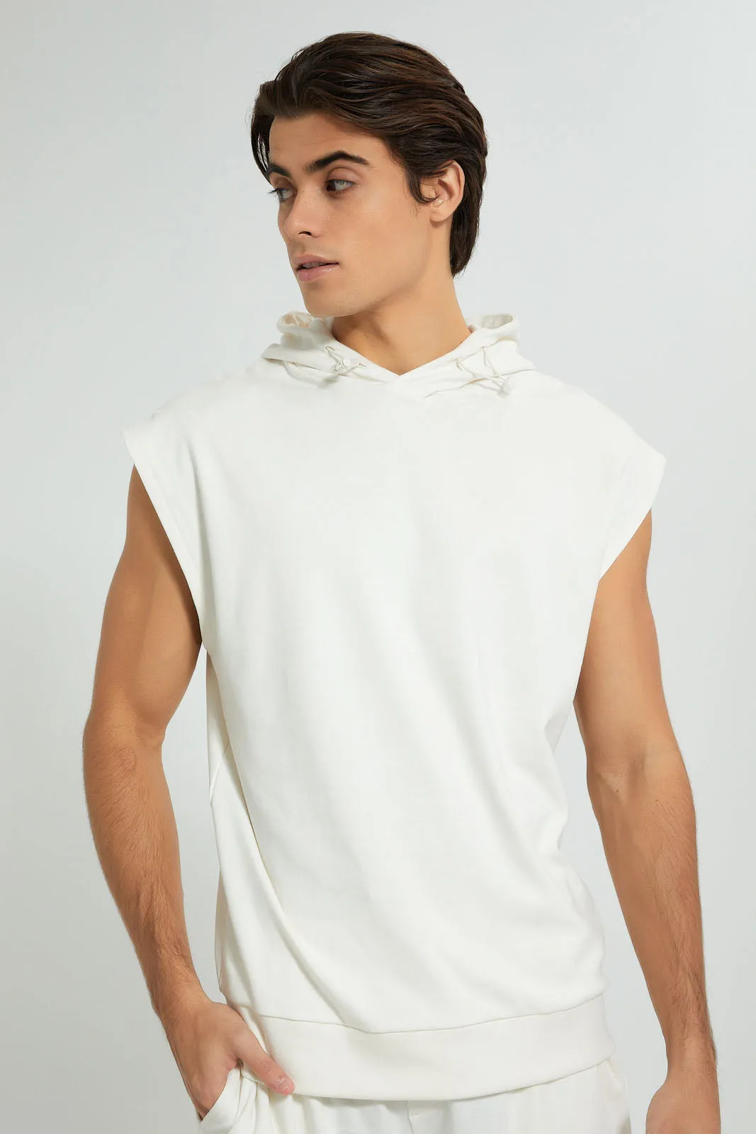 White Sleeveless Loungewear Hooded Sweatshirt