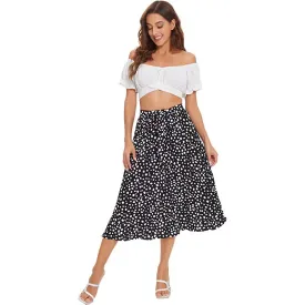 Wholesale Women's Floral Printed Elastic Waist A Line Pleated Ruffle Midi Skirt