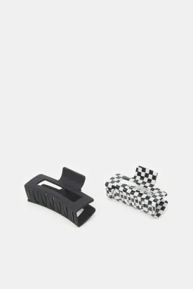 Women Black And White Checkered Hair Claw (Pack of 2)