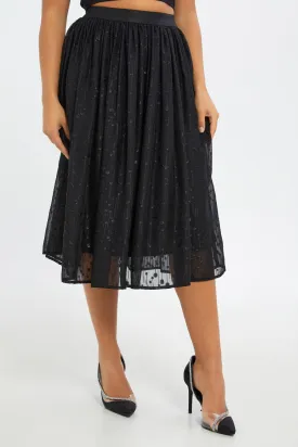 Women Black Metallic Midi Skirt