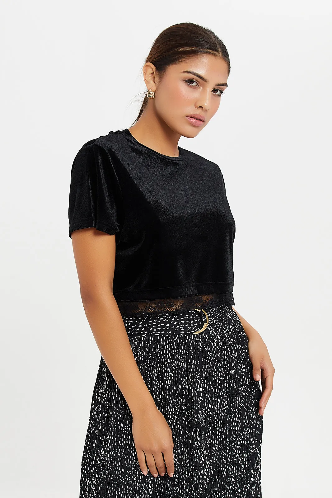 Women Black Velvet Short Sleeve Top