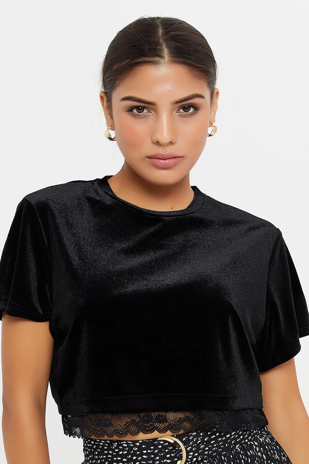 Women Black Velvet Short Sleeve Top