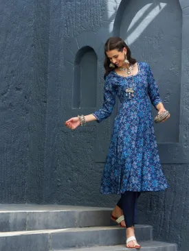 Women Blue Floral Anarkali Kurta With Navy Pants