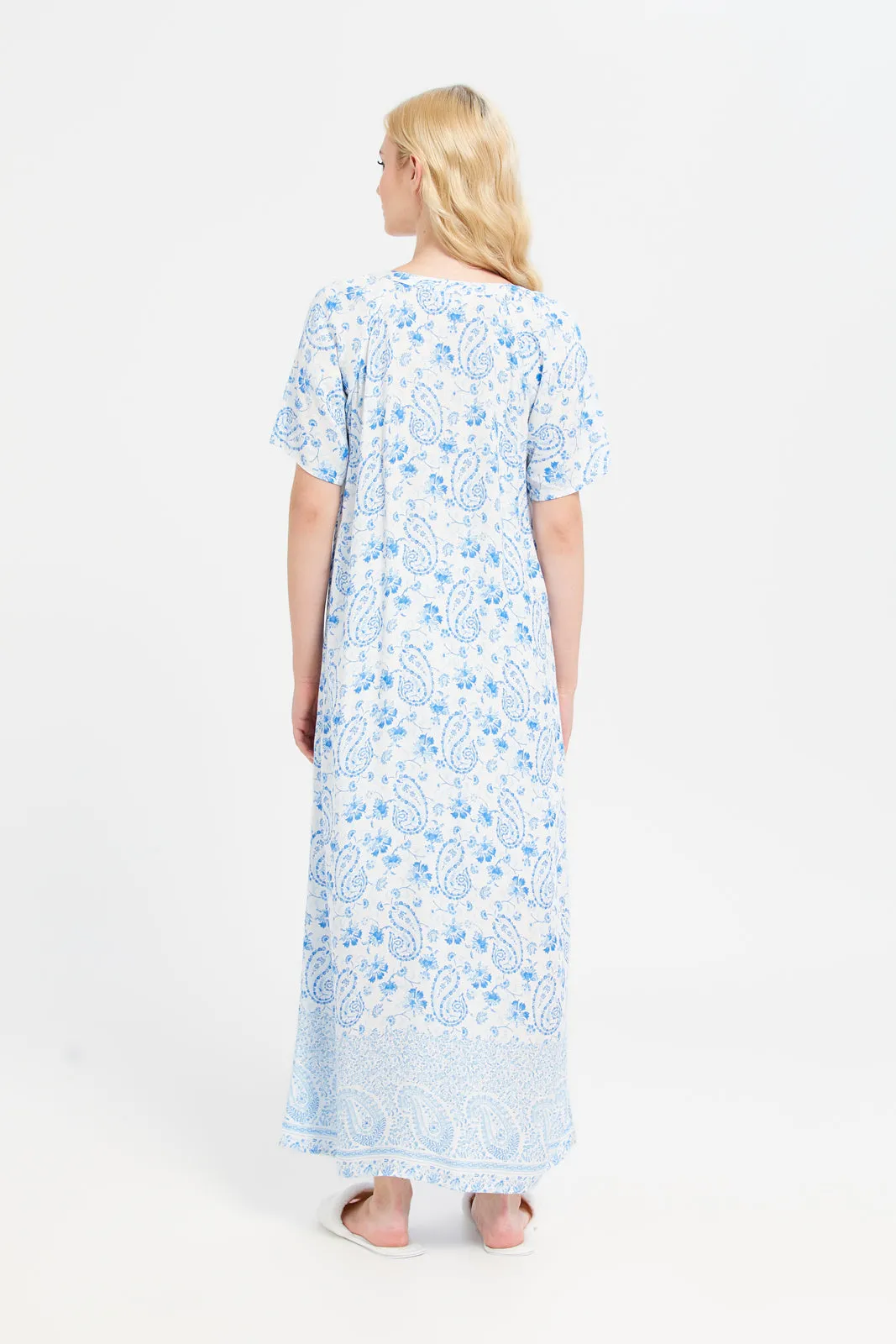 Women Blue Lace Short Sleeve Printed Nightgown