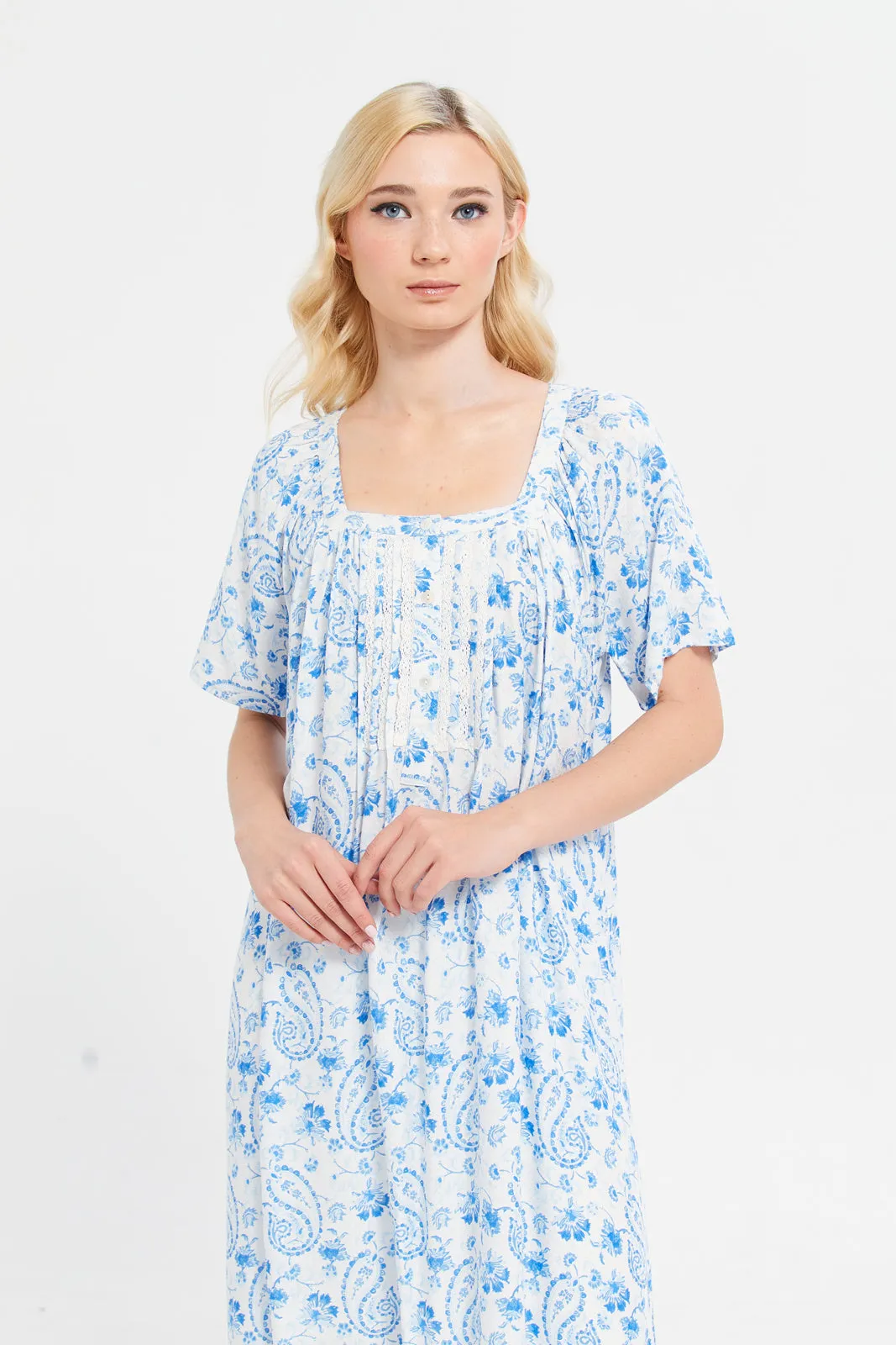 Women Blue Lace Short Sleeve Printed Nightgown