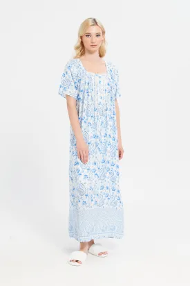 Women Blue Lace Short Sleeve Printed Nightgown