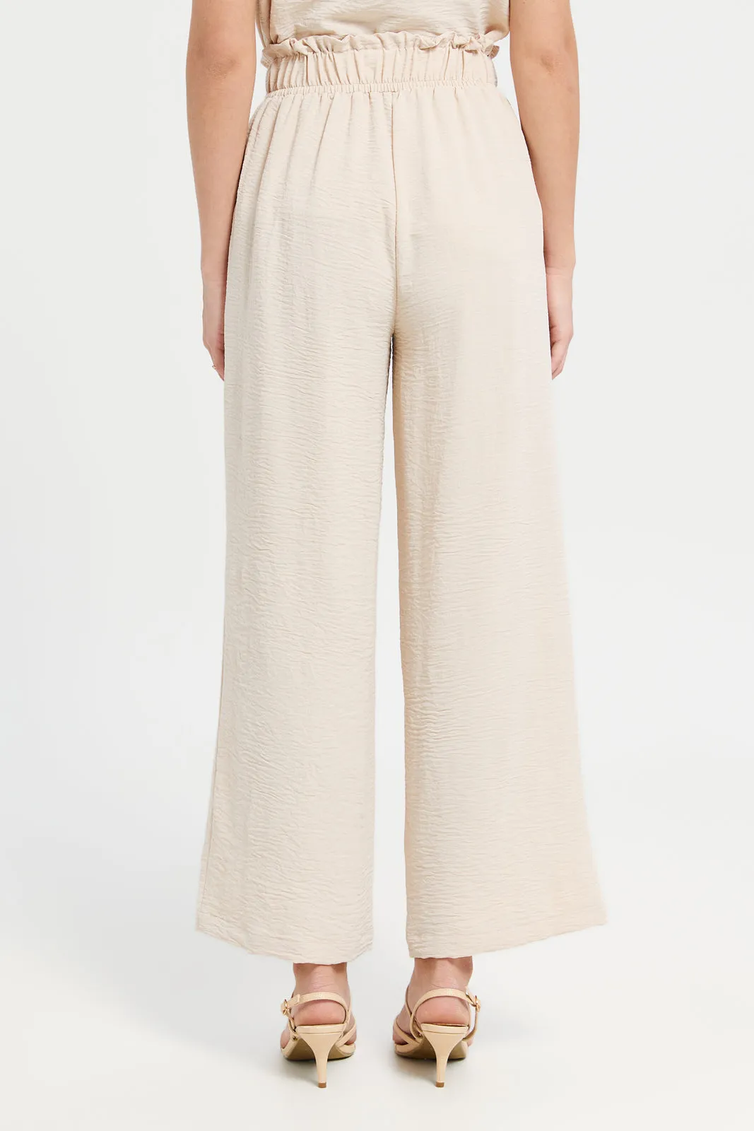 Women Cream Elasticated Waist Draw Wide Leg Trousers