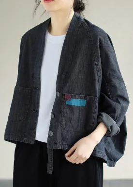 Women Denim Black Coats V Neck Button Down Spring Coats