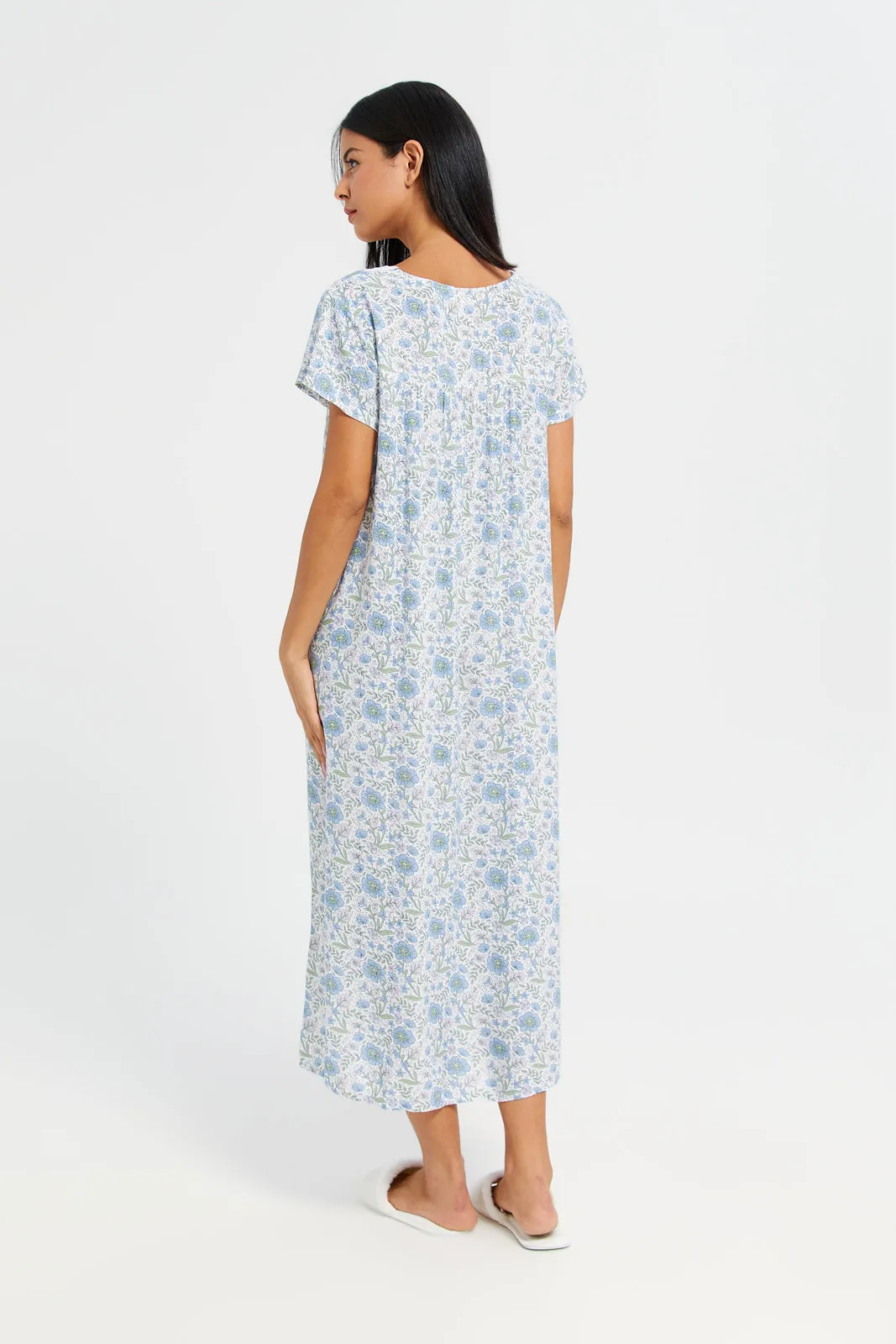 Women Ivory And Blue Printed Nightgown