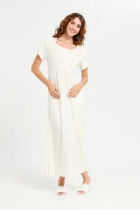 Women Ivory Embroidery Frill Sleeves Nightgown