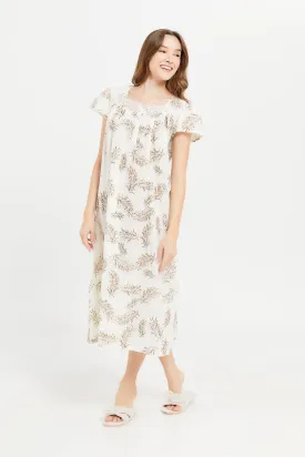 Women Ivory Printed Short Sleeve Nightgown