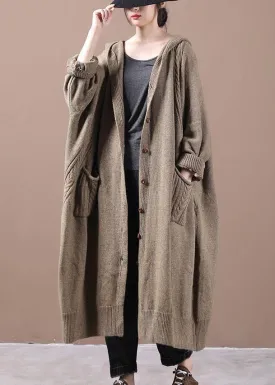 Women Khaki Button Pockets Fall Long Cardigans Coat