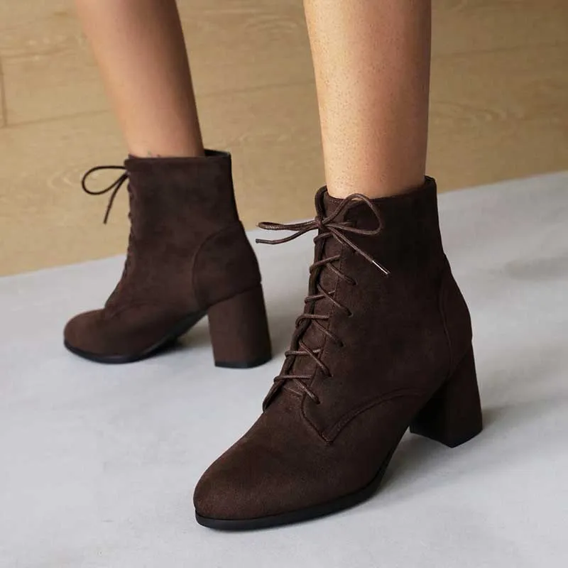 Women Lace-up Chunky High Heel Boots Vintage Ankle Booties Suede Shoes