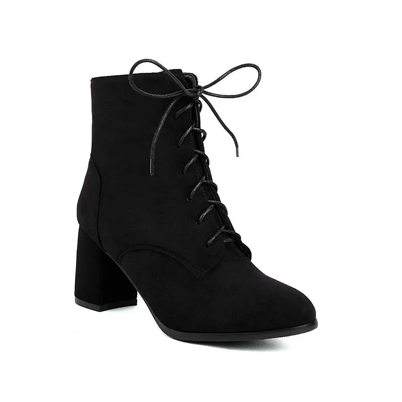 Women Lace-up Chunky High Heel Boots Vintage Ankle Booties Suede Shoes