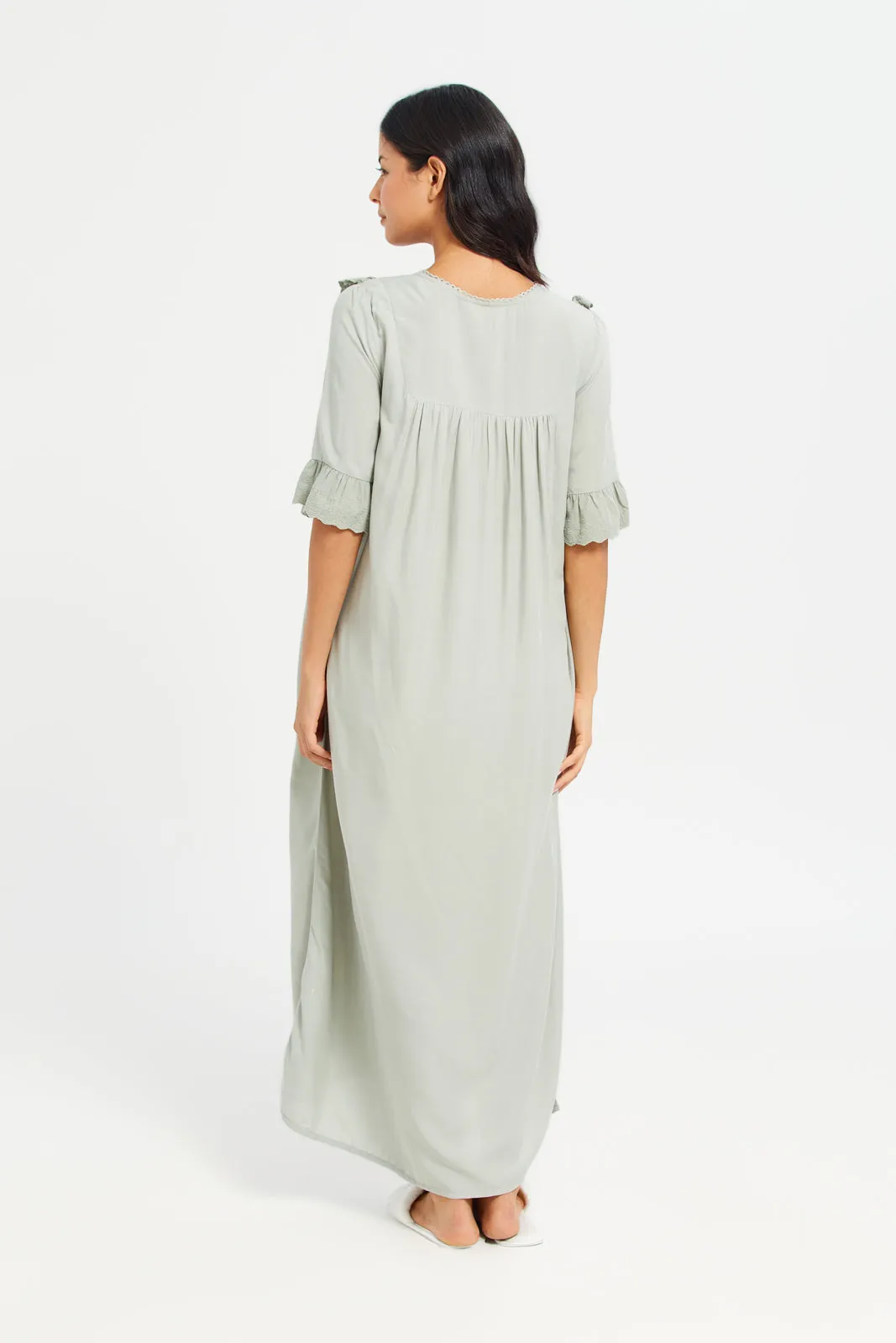 Women Mint Embellished Lace Nightgown