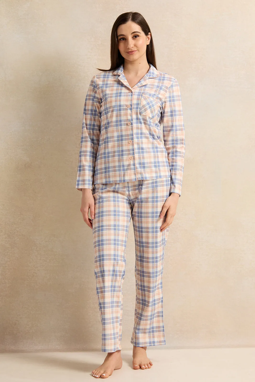 Women Multicolour Flannel Checkered Pajama Set (2 Piece)