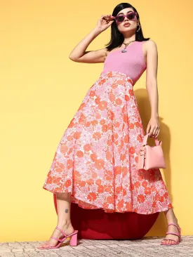 Women Orange & Pink Floral Flared Midi Skirt