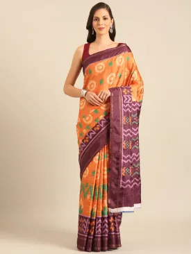 Women Orange Cotton Saree With Un Stitched Blouse