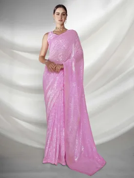 Women Party Wear Designer Sequence Worked Pink Colour Georgette Saree Collection