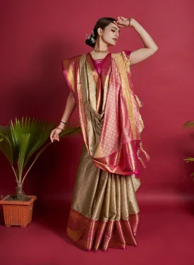 Women Party Wear Weaving Soft Silk Brown colour Saree with Un-Stitched Blouse