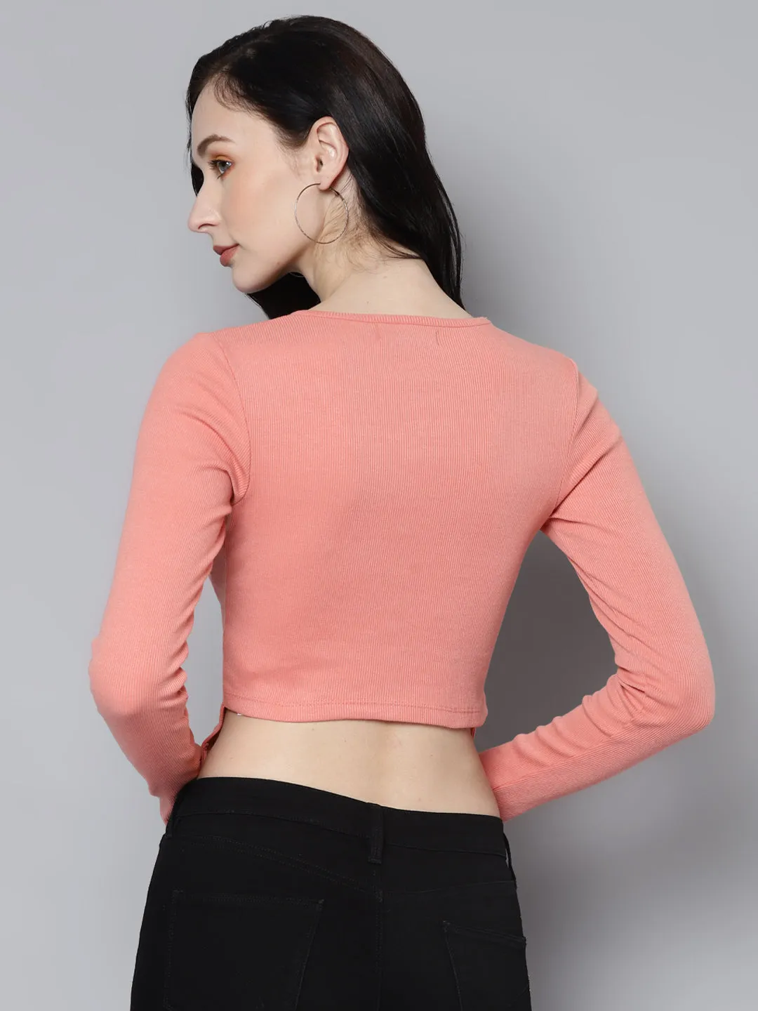 Women Peach Rib Full Sleeves Crop Top