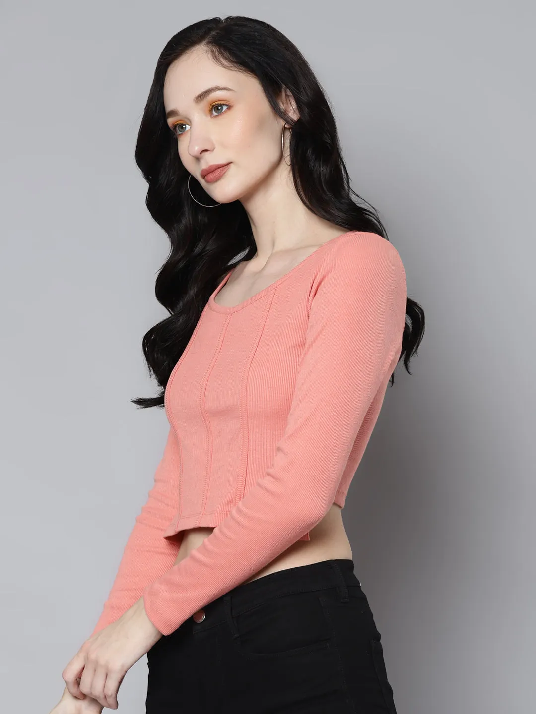 Women Peach Rib Full Sleeves Crop Top