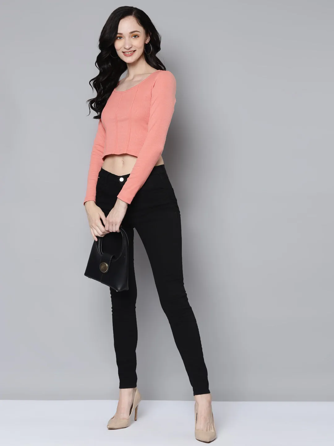 Women Peach Rib Full Sleeves Crop Top