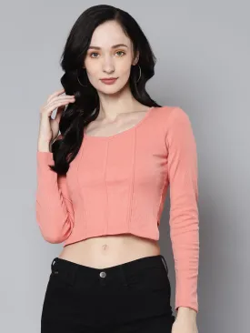 Women Peach Rib Full Sleeves Crop Top