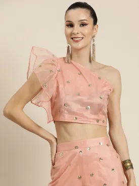 Women Peach Tulle Sequins One Shoulder Crop Top