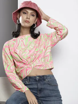 Women Pink & Green Waves Print Knot Crop Sweatshirt