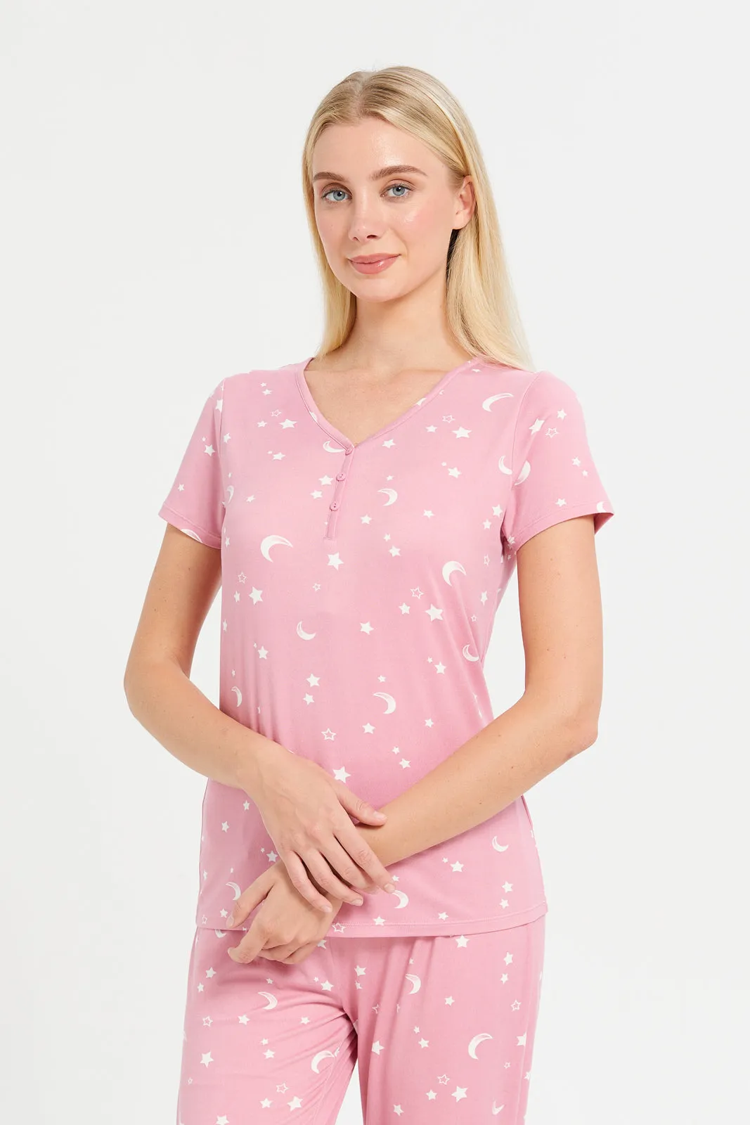 Women Pink Printed Pyjama Set (2 Piece)