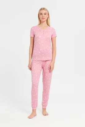 Women Pink Printed Pyjama Set (2 Piece)