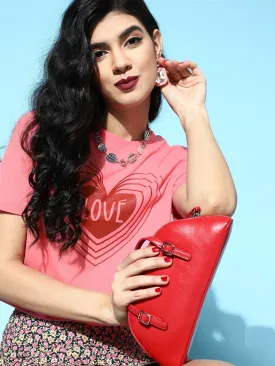 Women Pink With Red Glitter Heart Crop Boxy T-Shirt