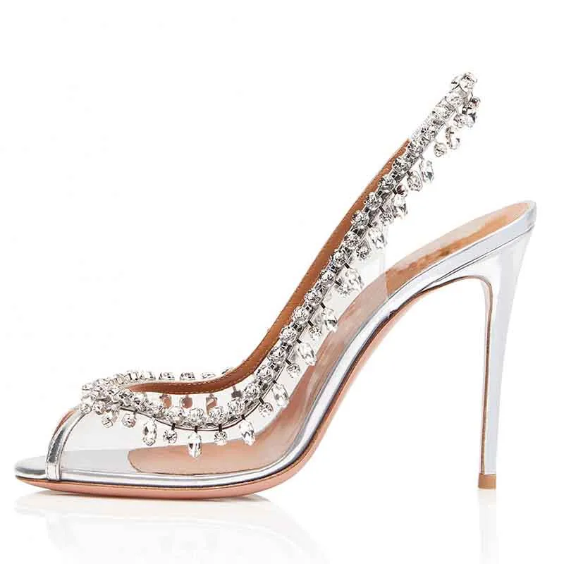 Women Pointed Toe Transparent Rhinestones High Heels Party Wedding Pumps