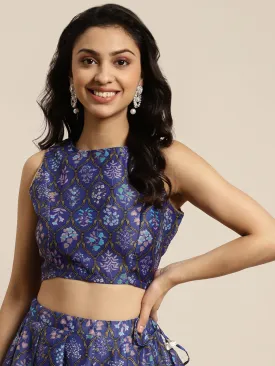 Women Purple Mughal Floral Sleeveless Crop Top