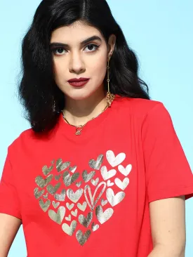 Women Red Hearts Boxy Crop T-Shirt