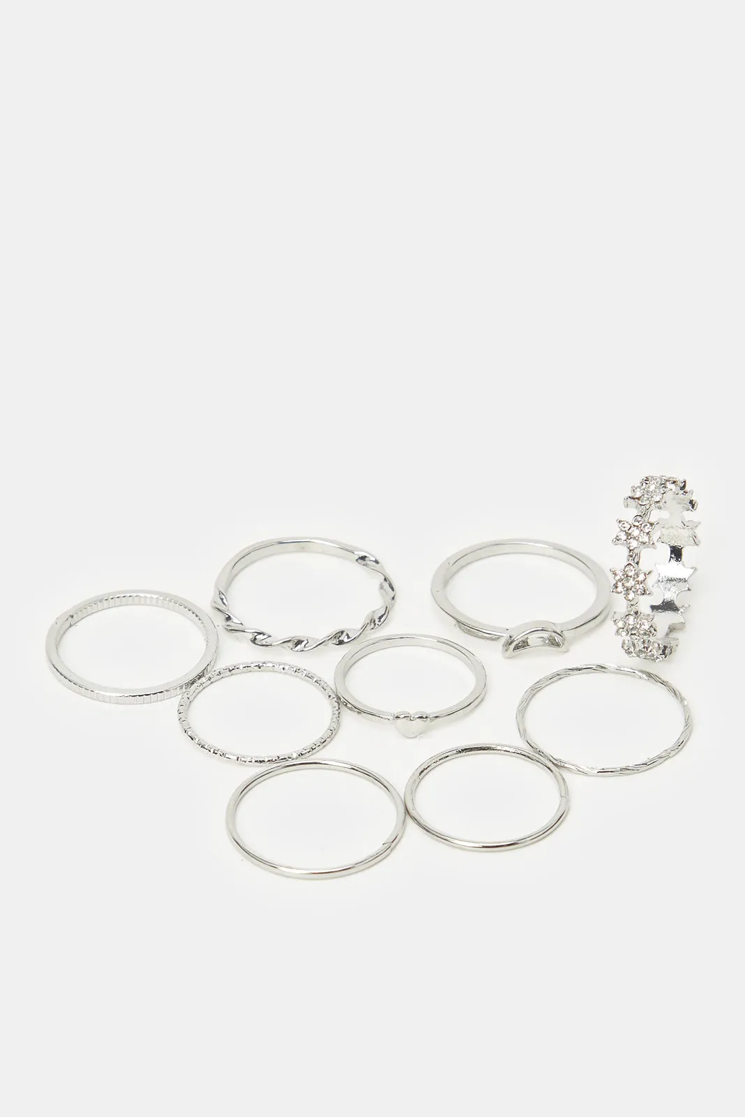 Women Silver Embellished Ring Set (9 Piece)