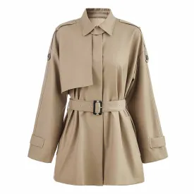 Women Single Breasted Belted Long Sleeve Short Trench Coat