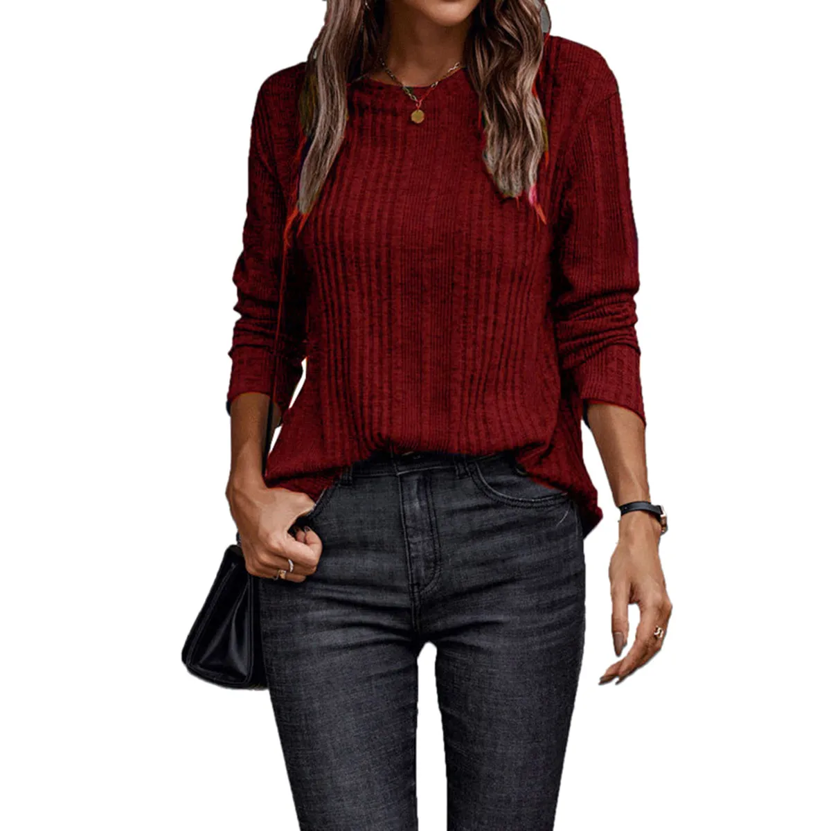 Women Solid Crew Neck Long Sleeve Ribbed Fall Tunics Casual Fit