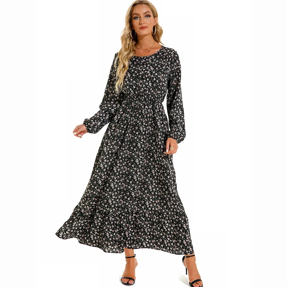 Women Spring Winter Maxi Long Sleeve High Waist Floral Printed Dress - WD8004