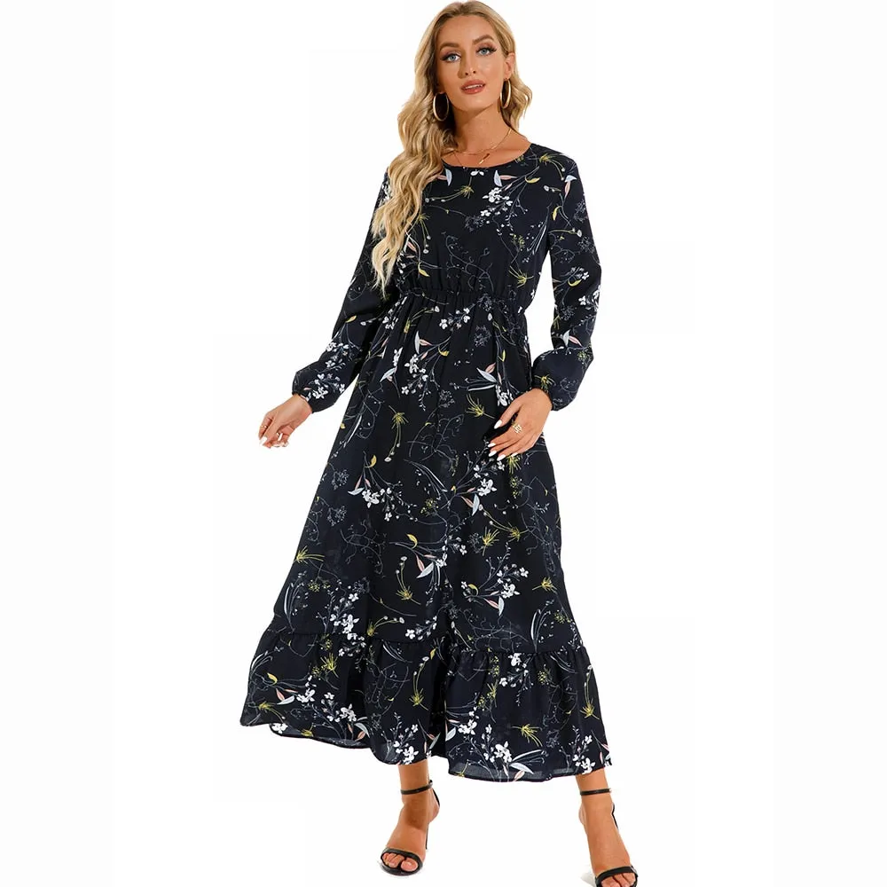 Women Spring Winter Maxi Long Sleeve High Waist Floral Printed Dress - WD8004