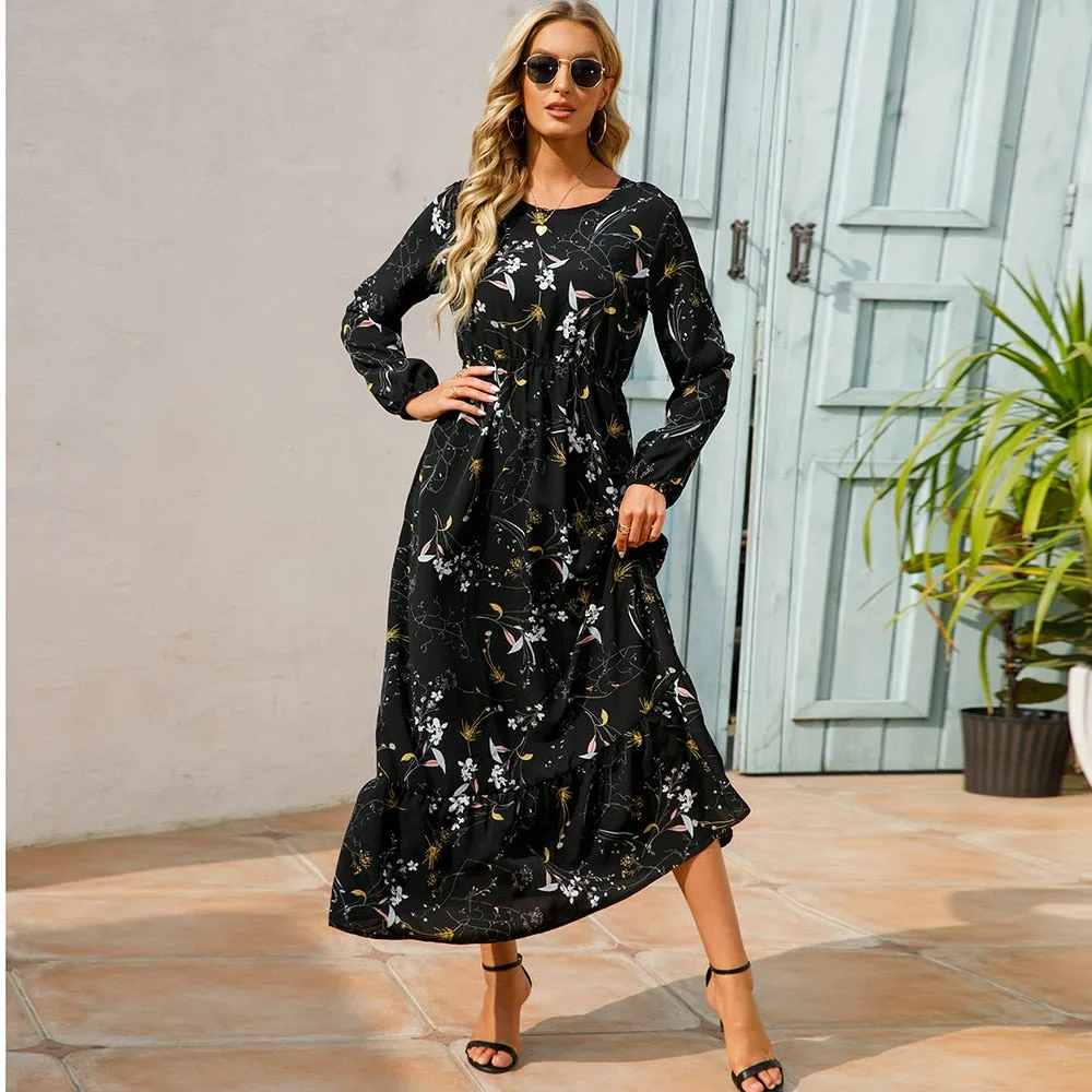 Women Spring Winter Maxi Long Sleeve High Waist Floral Printed Dress - WD8004