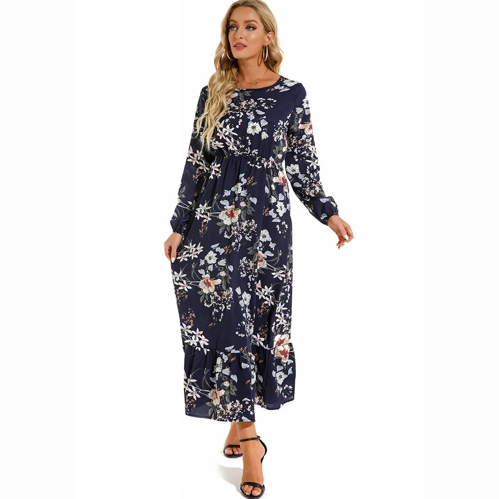 Women Spring Winter Maxi Long Sleeve High Waist Floral Printed Dress - WD8004