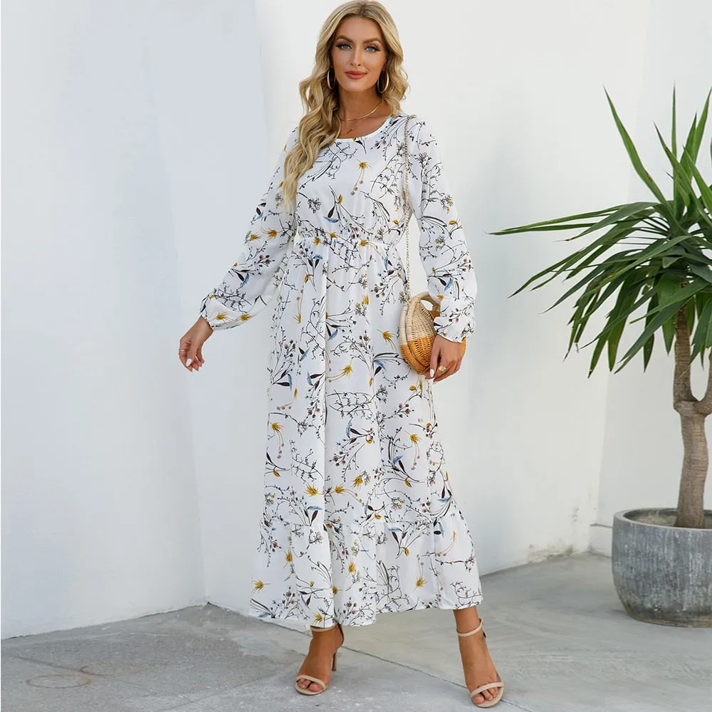 Women Spring Winter Maxi Long Sleeve High Waist Floral Printed Dress - WD8004