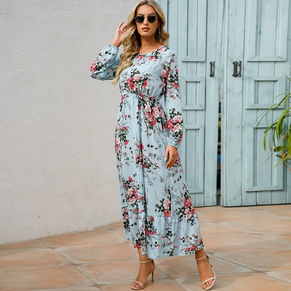 Women Spring Winter Maxi Long Sleeve High Waist Floral Printed Dress - WD8004